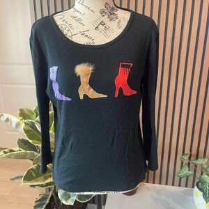 Black Long‎ Sleeve Top Boot Applique Novelty Whimsical Shirt Large